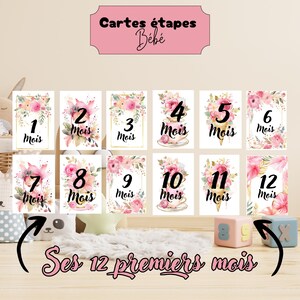Cartes Étape Bébé Fleurs roses  | 15 Cartes à Imprimer | 1 à 12 Mois + 18, 24, 36 Mois