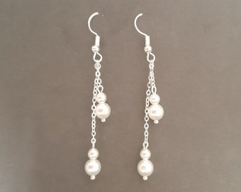 Silver plated double drop pearl and chain earrings