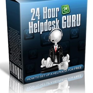 May include: A blue and black box with the text "24 Hour Helpdesk GURU" and a cartoon character wearing a headset. The box also has the text "How to set up a helpdesk for free".