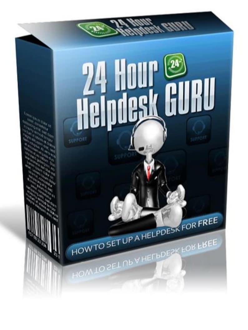 May include: A blue and black box with the text "24 Hour Helpdesk GURU" and a cartoon character wearing a headset. The box also has the text "How to set up a helpdesk for free".