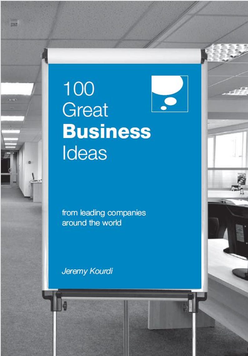 May include: A blue whiteboard with the text "100 Great Business Ideas" and "from leading companies around the world". The bottom of the board says "Jeremy Kourdi".