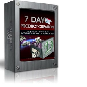 May include: A silver box with a red and black front panel. The front panel has the text "7 DAY PRODUCT CREATION" and "HOW TO CREATE YOUR OWN INFORMATION PRODUCT IN 7 DAYS OR LESS". There are images of money and a calendar icon on the front panel.