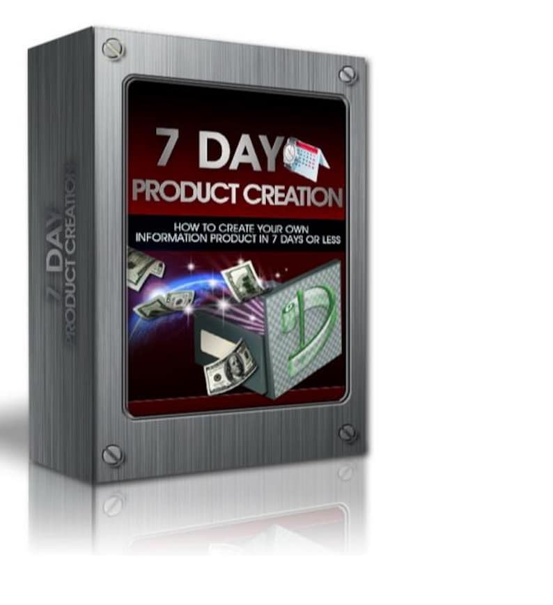 May include: A silver box with a red and black front panel. The front panel has the text "7 DAY PRODUCT CREATION" and "HOW TO CREATE YOUR OWN INFORMATION PRODUCT IN 7 DAYS OR LESS". There are images of money and a calendar icon on the front panel.