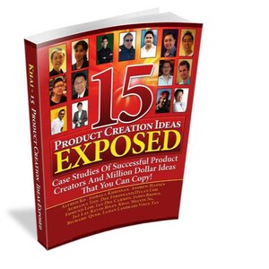 May include: A red book cover with the title "15 Product Creation Ideas Exposed" and a large number "15" in the center. The book cover features a collage of headshots of people, with the text "Case Studies Of Successful Product Creators And Million Dollar Ideas That You Can Copy!" below the title.