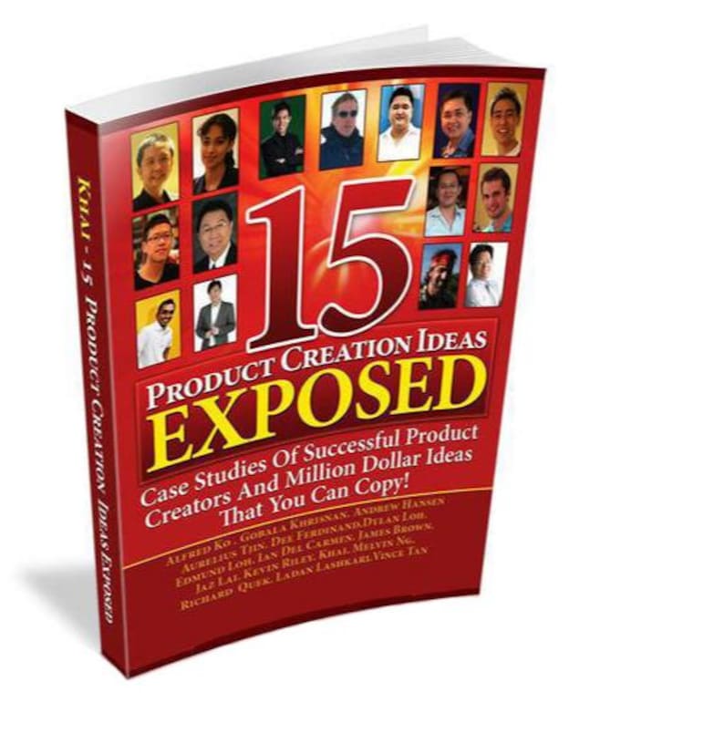 May include: A red book cover with the title "15 Product Creation Ideas Exposed" and a large number "15" in the center. The book cover features a collage of headshots of people, with the text "Case Studies Of Successful Product Creators And Million Dollar Ideas That You Can Copy!" below the title.