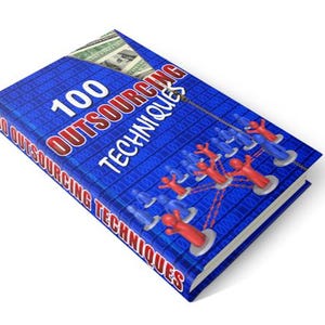 May include: A blue book with the title "100 Outsourcing Techniques" and a zipper open to reveal dollar bills. The book cover has a blue and white digital pattern with red stick figures connected by lines.