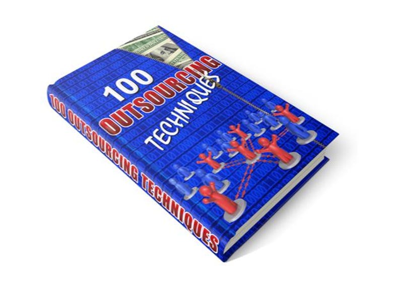 May include: A blue book with the title "100 Outsourcing Techniques" and a zipper open to reveal dollar bills. The book cover has a blue and white digital pattern with red stick figures connected by lines.