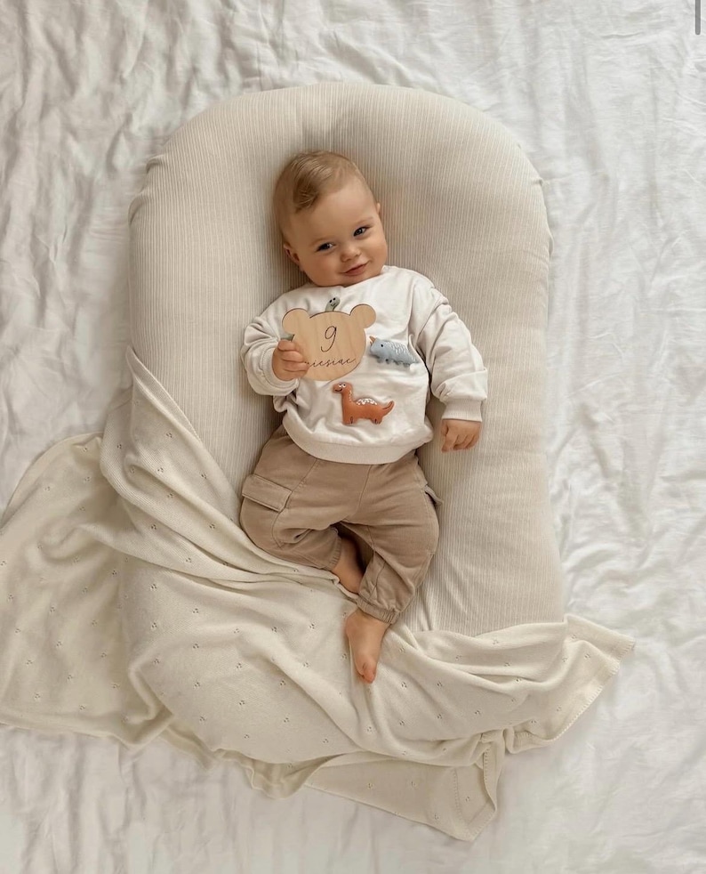 May include: A baby resting in a cream-colored ribbed lounger, wearing a long-sleeved cream sweatshirt with dinosaur appliqu&eacute;s and tan cargo pants. The baby holds a wooden bear-shaped milestone plaque with the number 9 and cursive text.