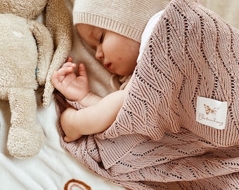 Couverture bébé tricotée en coton recyclé, couverture d'été légère, cadeau écoresponsable pour une naissance ou un baptême, couverture douce et moelleuse pour dormir