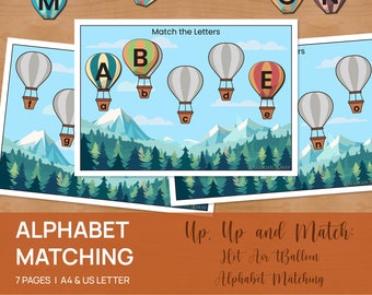 Alphabet Matching Worksheet: Hot Air Balloon ABC Game (Digital Download)
