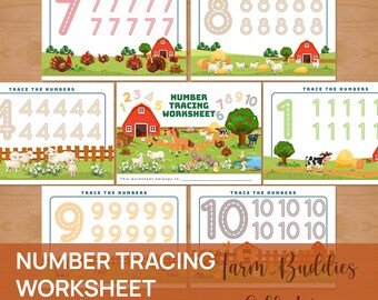 Number Tracing Worksheet: Farm Animals Handwriting Practice (Digital Download)