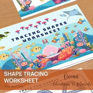 May include: A printable ocean-themed shape tracing worksheet for kids. The worksheet features a variety of sea creatures, including jellyfish, seahorses, pufferfish, and a stingray. The text on the worksheet reads "Tracing Shapes Worksheet" and "Ocean Adventures & Marvels".