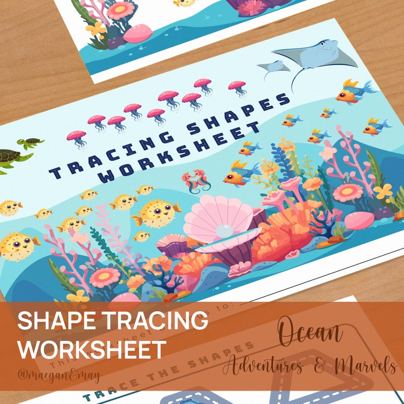 May include: A printable ocean-themed shape tracing worksheet for kids. The worksheet features a variety of sea creatures, including jellyfish, seahorses, pufferfish, and a stingray. The text on the worksheet reads "Tracing Shapes Worksheet" and "Ocean Adventures & Marvels".