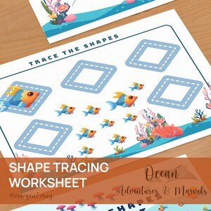 May include: A printable worksheet for kids to trace the shape of a diamond. The worksheet features a blue ocean scene with coral, fish, and jellyfish. The text "Trace the Shapes" is at the top of the page. The text "Shape Tracing Worksheet" is at the bottom of the page.