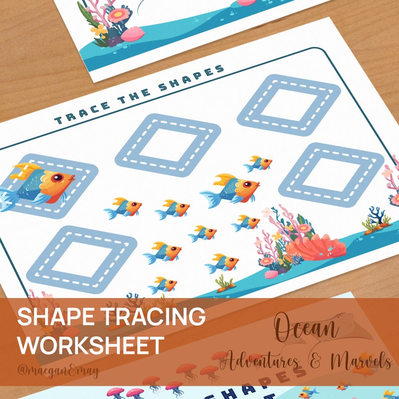 May include: A printable worksheet for kids to trace the shape of a diamond. The worksheet features a blue ocean scene with coral, fish, and jellyfish. The text "Trace the Shapes" is at the top of the page. The text "Shape Tracing Worksheet" is at the bottom of the page.