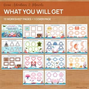 May include: A set of 13 printable worksheets featuring ocean-themed tracing activities for kids. Each worksheet includes a different shape to trace, such as a circle, square, triangle, heart, star, and more. The worksheets are designed to help children develop their fine motor skills and hand-eye coordination.