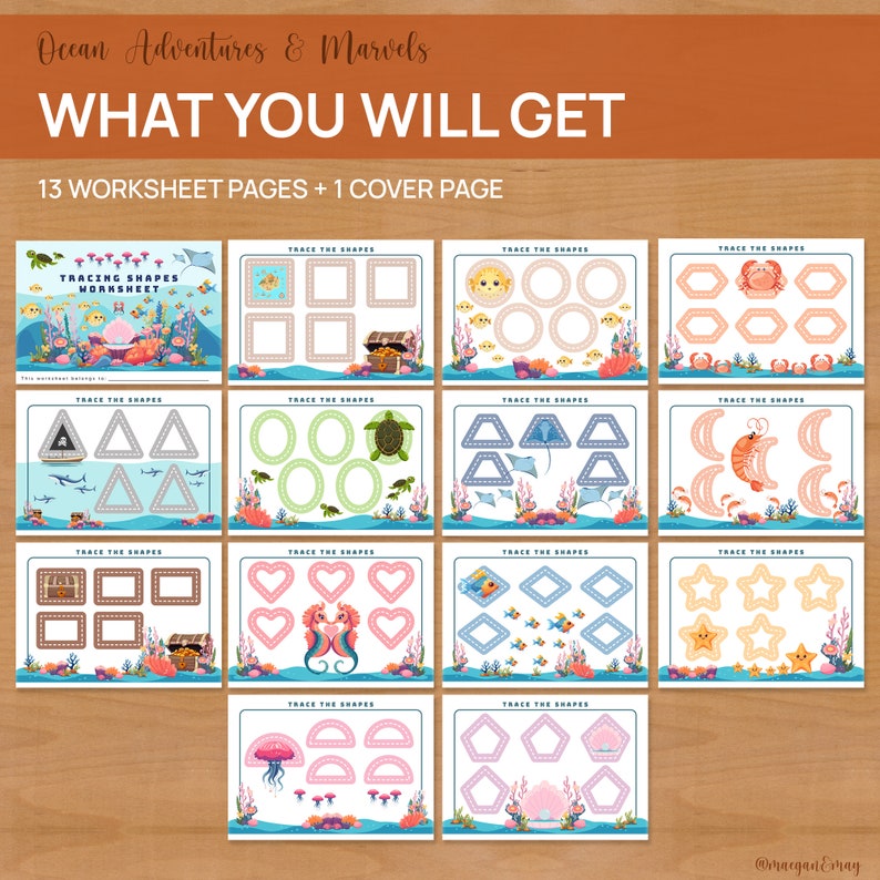 May include: A set of 13 printable worksheets featuring ocean-themed tracing activities for kids. Each worksheet includes a different shape to trace, such as a circle, square, triangle, heart, star, and more. The worksheets are designed to help children develop their fine motor skills and hand-eye coordination.