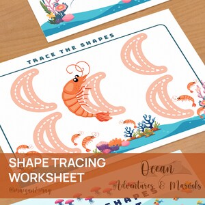May include: A printable worksheet for kids to practice tracing the shape of a crescent moon. The worksheet features a cartoon shrimp and coral reef illustrations. The text "Trace the Shapes" and "Shape Tracing Worksheet" is included on the page.