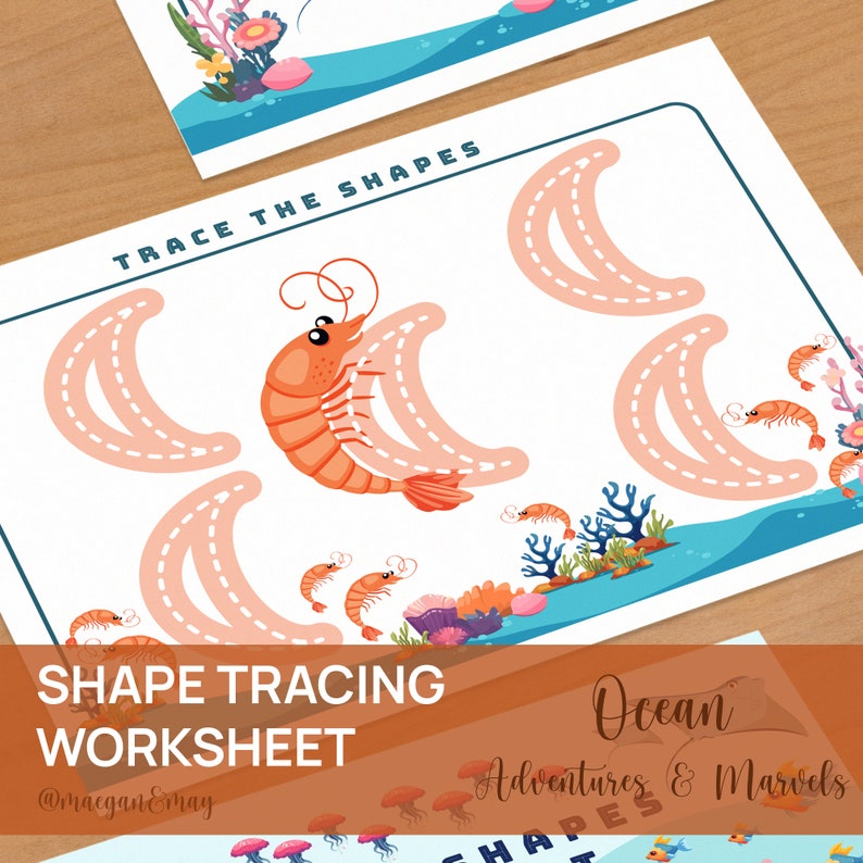 May include: A printable worksheet for kids to practice tracing the shape of a crescent moon. The worksheet features a cartoon shrimp and coral reef illustrations. The text "Trace the Shapes" and "Shape Tracing Worksheet" is included on the page.
