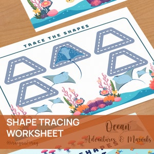 May include: A printable worksheet for kids to practice tracing triangles. The worksheet features a blue ocean scene with coral, fish, and stingrays. The text "TRACE THE SHAPES" is at the top of the page. The text "SHAPE TRACING WORKSHEET" is at the bottom of the page.