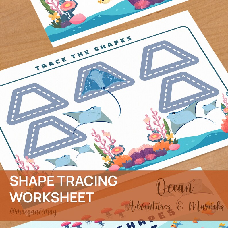 May include: A printable worksheet for kids to practice tracing triangles. The worksheet features a blue ocean scene with coral, fish, and stingrays. The text "TRACE THE SHAPES" is at the top of the page. The text "SHAPE TRACING WORKSHEET" is at the bottom of the page.