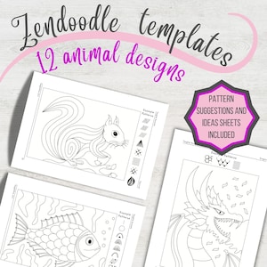 Plantillas de Animal Zen Doodle: Dibuja animales con patrones (Incluye 12 hojas de trabajo y hojas de ideas, descarga en PDF)