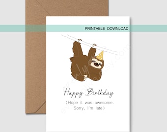 Happy Birthday Belated | Sloth Card | Instant Download | Printable