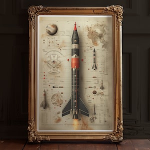 Vintage Rocket Blueprint Poster | Moody Space Blueprint Art | Engineering Decor – Art No. 9