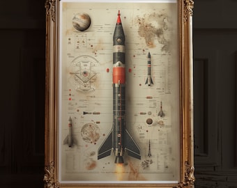Vintage Rocket Blueprint Poster | Moody Space Blueprint Art | Engineering Decor – Art No. 9