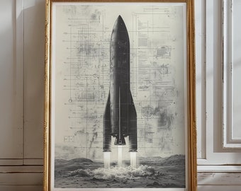 Retro Rocket Blueprint Launch Poster | Vintage Space Art Print | Monochrome Sci-Fi Wall Decor – Art No. 59