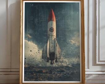 Retro Rocket Launch Blueprint Poster | Vintage Spacecraft Art | Sci-Fi Engineering Wall Decor for Home & Office No. 63