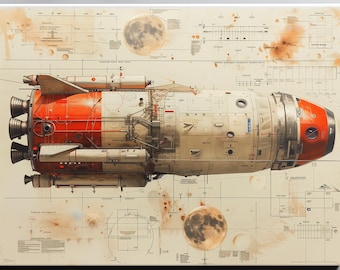 Rocket Schematic Canvas Art | Spacecraft Blueprint Poster | Modern Engineering Wall Decor – Art No. 28