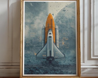 Retro Rocket Launch Blueprint Poster | NASA-Inspired Space Shuttle Wall Art | Vintage Engineering Print – Art No. 64