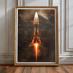 May include: A framed print of a silver rocket ship taking off against a dark background with a grid pattern and orange flames.