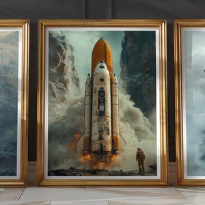 May include: A white and orange space shuttle with a plume of smoke behind it, landing on a rocky surface. A lone astronaut in a white spacesuit stands in the foreground.