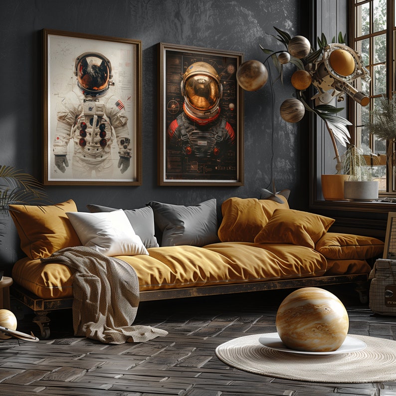 May include: A mustard yellow couch with dark gray throw pillows and a white throw blanket. Two framed illustrations of astronauts in space suits are hanging on the wall behind the couch. A large, round, gold-colored orb sits on a woven rug in front of the couch.