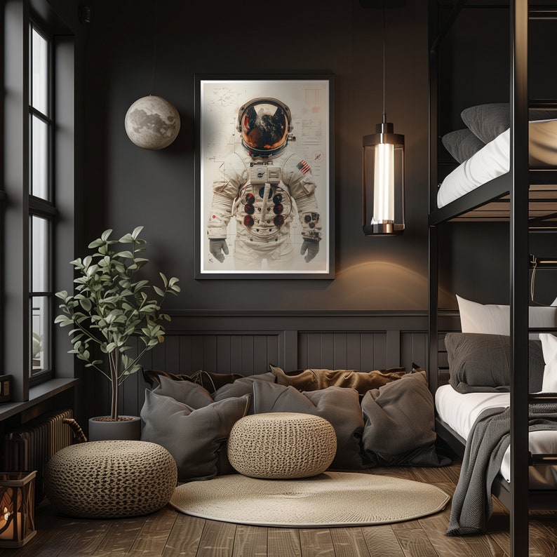 May include: A black and white illustration of a dog wearing an astronaut suit, printed on a poster hanging on a dark wall in a room with a gray moon-shaped wall decor, a potted plant, and a gray couch with pillows.