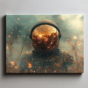 Cosmic Astronaut Canvas, Space Art Print, Futuristic Sci-Fi Decor, Astronaut Helmet Reflection, Outer Space Wall Art, Unique Home Art No.74