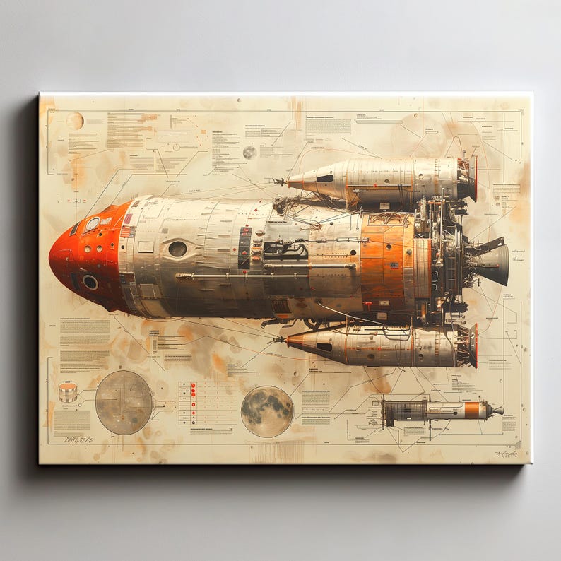 Very Detailed Rocketship Detailed Rocket Blueprint Art Canvas: Spacecraft Design Wall Decor No ...
