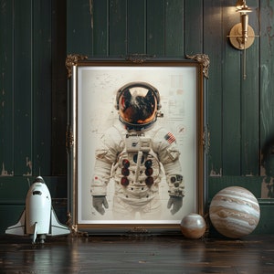 May include: A framed print of an astronaut wearing a white spacesuit with a red, white, and blue American flag patch on the shoulder. The astronaut is standing in front of a white background with technical drawings and text.