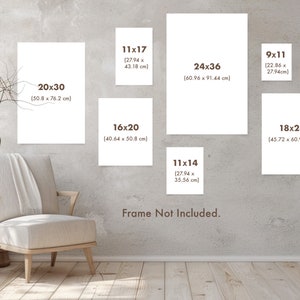 May include: A mockup of different sized prints with dimensions listed in inches and centimeters. The prints are displayed on a light gray wall with a wooden floor. The text "Frame Not Included." is displayed below the prints.
