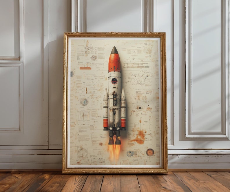 Vintage Rocket Blueprint Poster | Retro Space Exploration Wall Art ...