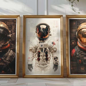 May include: Three framed prints of astronauts wearing space suits. The middle print features a white space suit with a red, white, and blue American flag patch on the shoulder. The left and right prints feature astronauts in dark space suits with a dark background.
