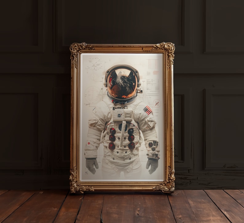 May include: A framed print of an astronaut in a white spacesuit with a red, white, and blue American flag patch on the arm. The astronaut is wearing a helmet with a reflective visor. The print is in a gold frame.