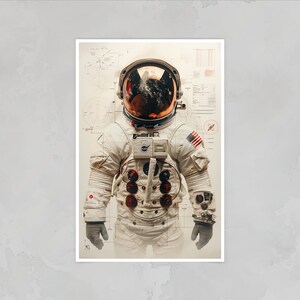 May include: A white astronaut suit with a gold helmet and a red, white, and blue American flag patch on the shoulder. The suit is covered in various buttons and dials. The background is a faded blueprint.