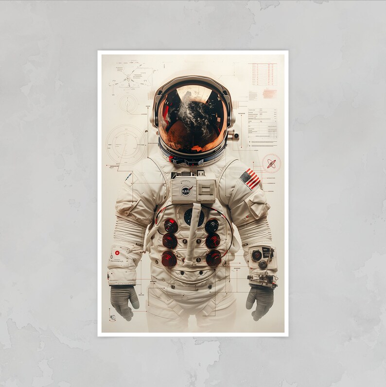 May include: A white astronaut suit with a gold helmet and a red, white, and blue American flag patch on the shoulder. The suit is covered in various buttons and dials. The background is a faded blueprint.