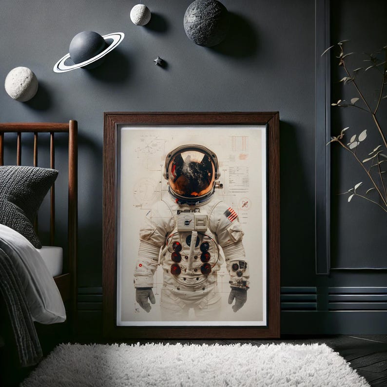 This detailed art print features a highly realistic depiction of an astronaut suit, complete with intricate scientific schematics and design elements.