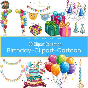 Birthday Cartoon Style Clipart Bundle Design Elemente weißer & transparenter Hintergrund