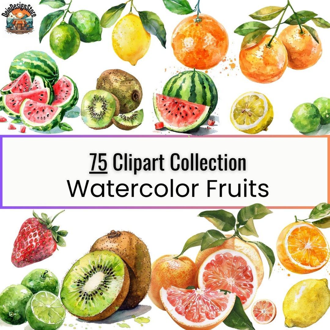 Fruity Watercolor Fruits Clipart Bundle - Design Elements, White ...