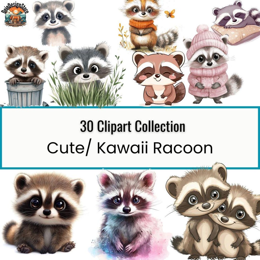 Cute/kawaii Racoon Clipart Bundle Design Elements, White and ...